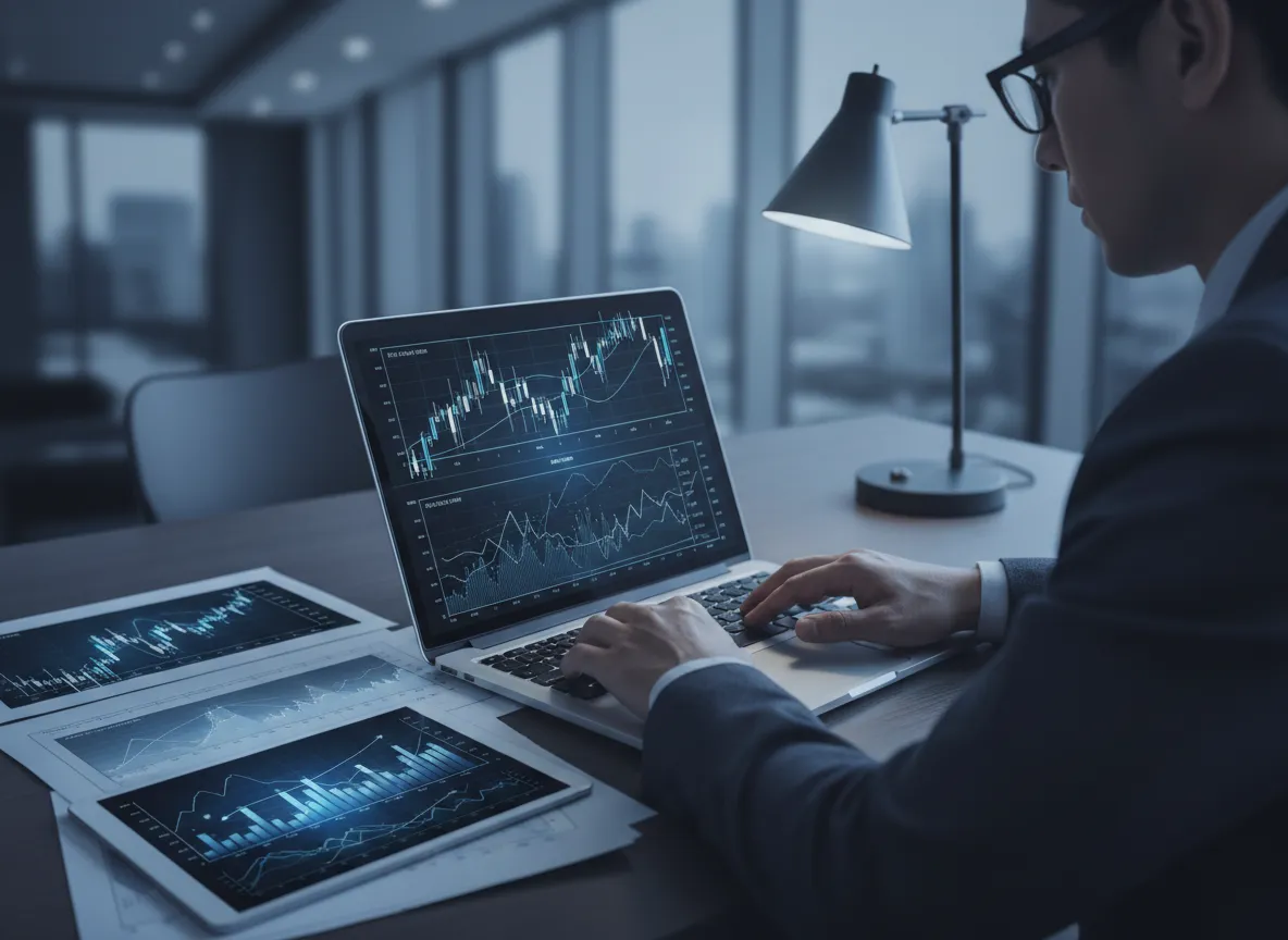 Professional analyzing investment charts on laptop